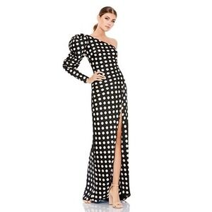 Mac Duggal Polka Dot One Shoulder Puff Sleeve Gown Black White 26515 size 14